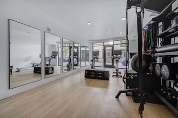 A gym with a mirrored wall and wooden floors.